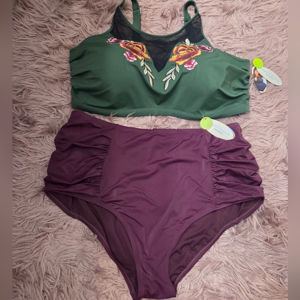 Embroidered Green and Purple Swim Set